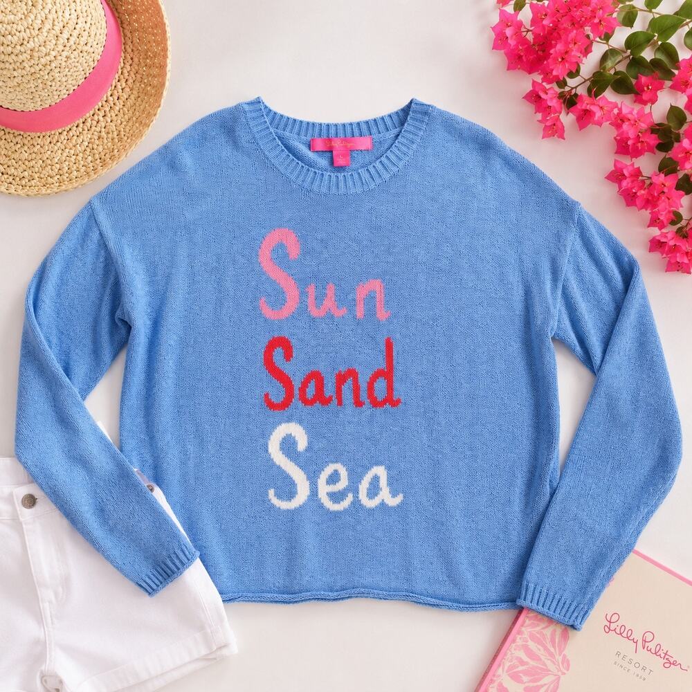 Lilly Pulitzer Pippy Sun Sand Sea Sweater Blue Cotton Blend Size L
